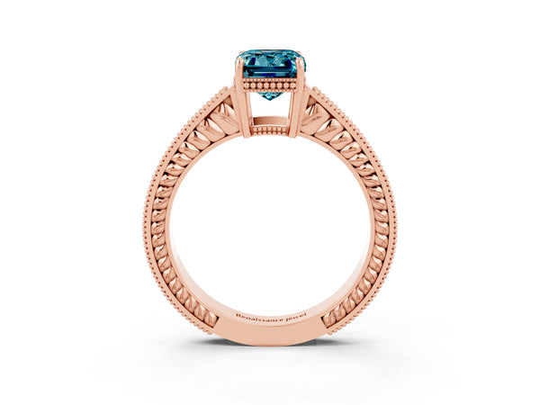 Rose gold Emerald Cut Blue Topaz Ring with Milgrain Pavé Band and Four-Prong Setting