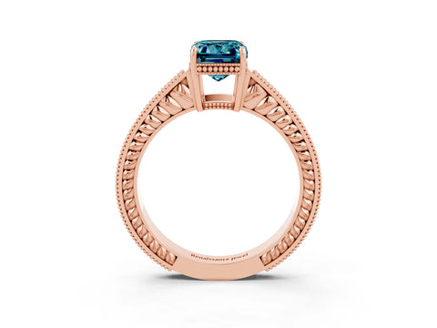 Rose gold Emerald Cut Blue Topaz Ring with Milgrain Pavé Band and Four-Prong Setting_15
