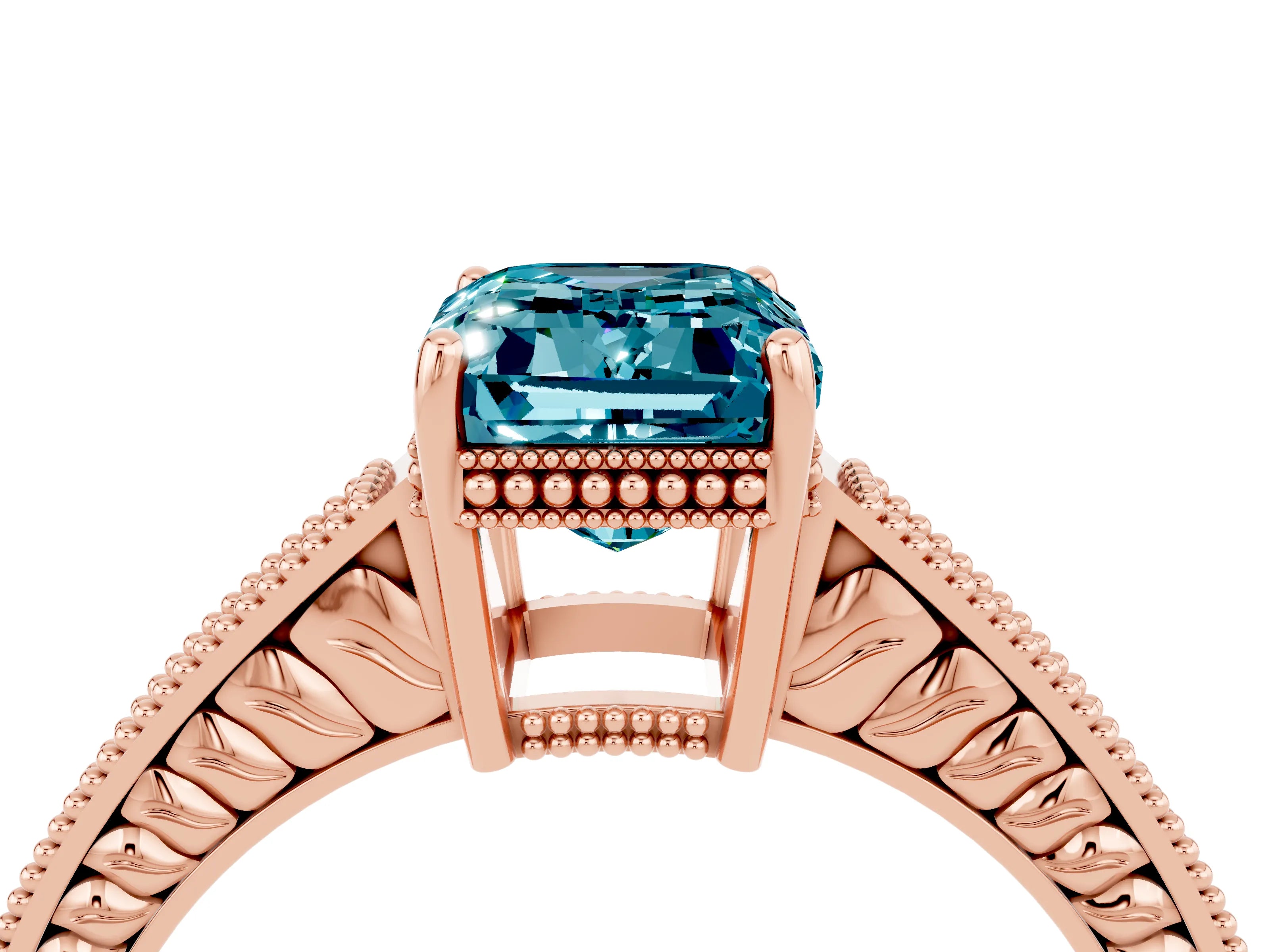 Rose gold Emerald Cut Blue Topaz Ring with Milgrain Pavé Band and Four-Prong Setting_16