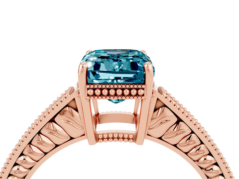 Rose gold Emerald Cut Blue Topaz Ring with Milgrain Pavé Band and Four-Prong Setting_16