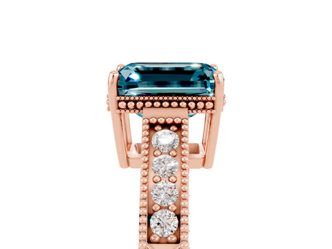 Rose gold Emerald Cut Blue Topaz Ring with Milgrain Pavé Band and Four-Prong Setting_17