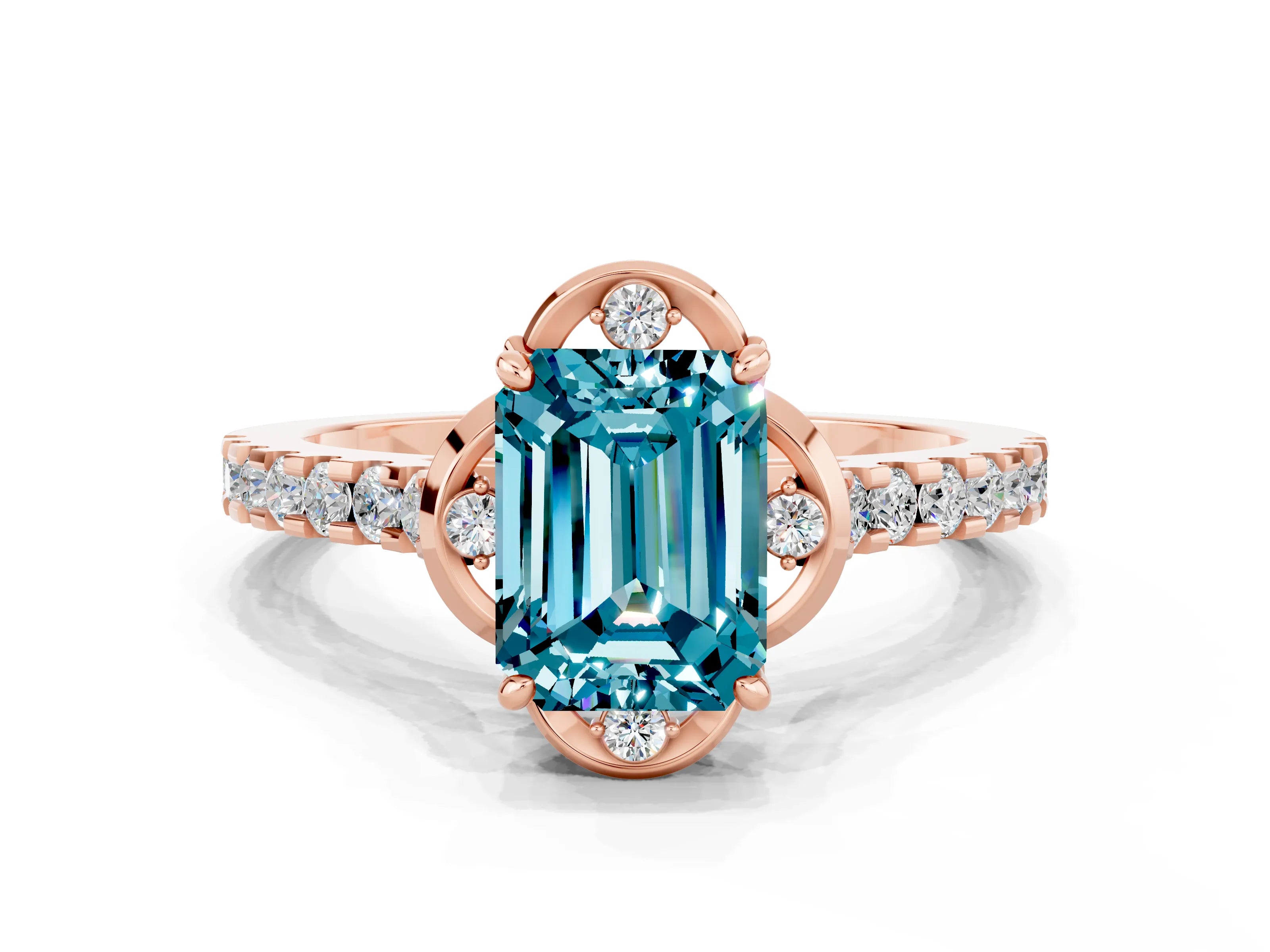 Rose gold Emerald Cut Blue Topaz Ring with Pavé Band and Floral Prong Setting