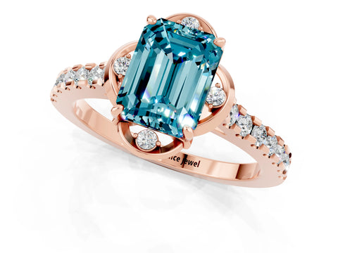 Rose gold Emerald Cut Blue Topaz Ring with Pavé Band and Floral Prong Setting_1