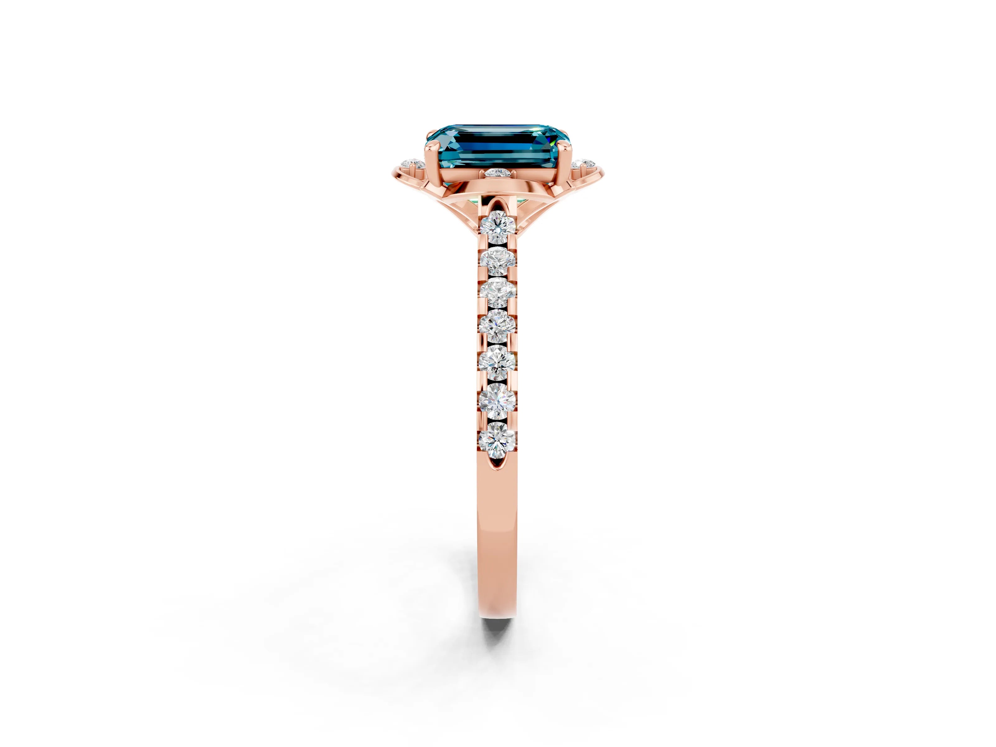 Rose gold Emerald Cut Blue Topaz Ring with Pavé Band and Floral Prong Setting_2