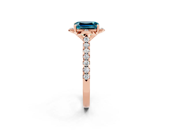 Rose gold Emerald Cut Blue Topaz Ring with Pavé Band and Floral Prong Setting