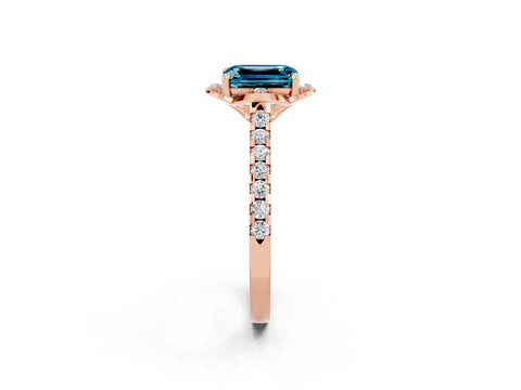 Rose gold Emerald Cut Blue Topaz Ring with Pavé Band and Floral Prong Setting_2