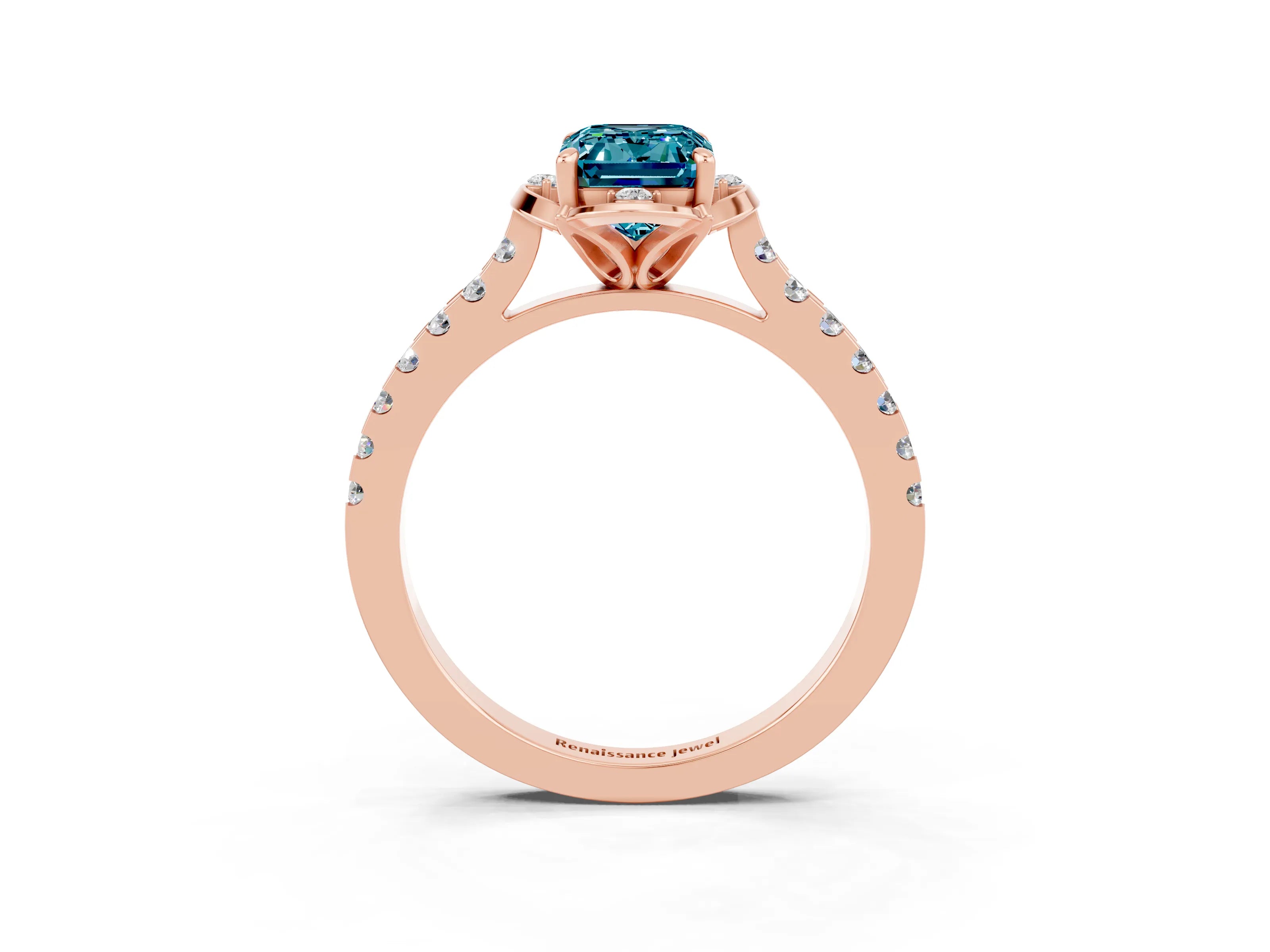 Rose gold Emerald Cut Blue Topaz Ring with Pavé Band and Floral Prong Setting_3