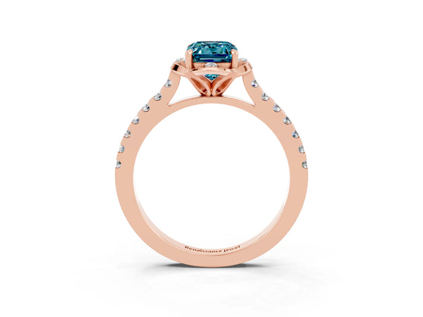 Rose gold Emerald Cut Blue Topaz Ring with Pavé Band and Floral Prong Setting