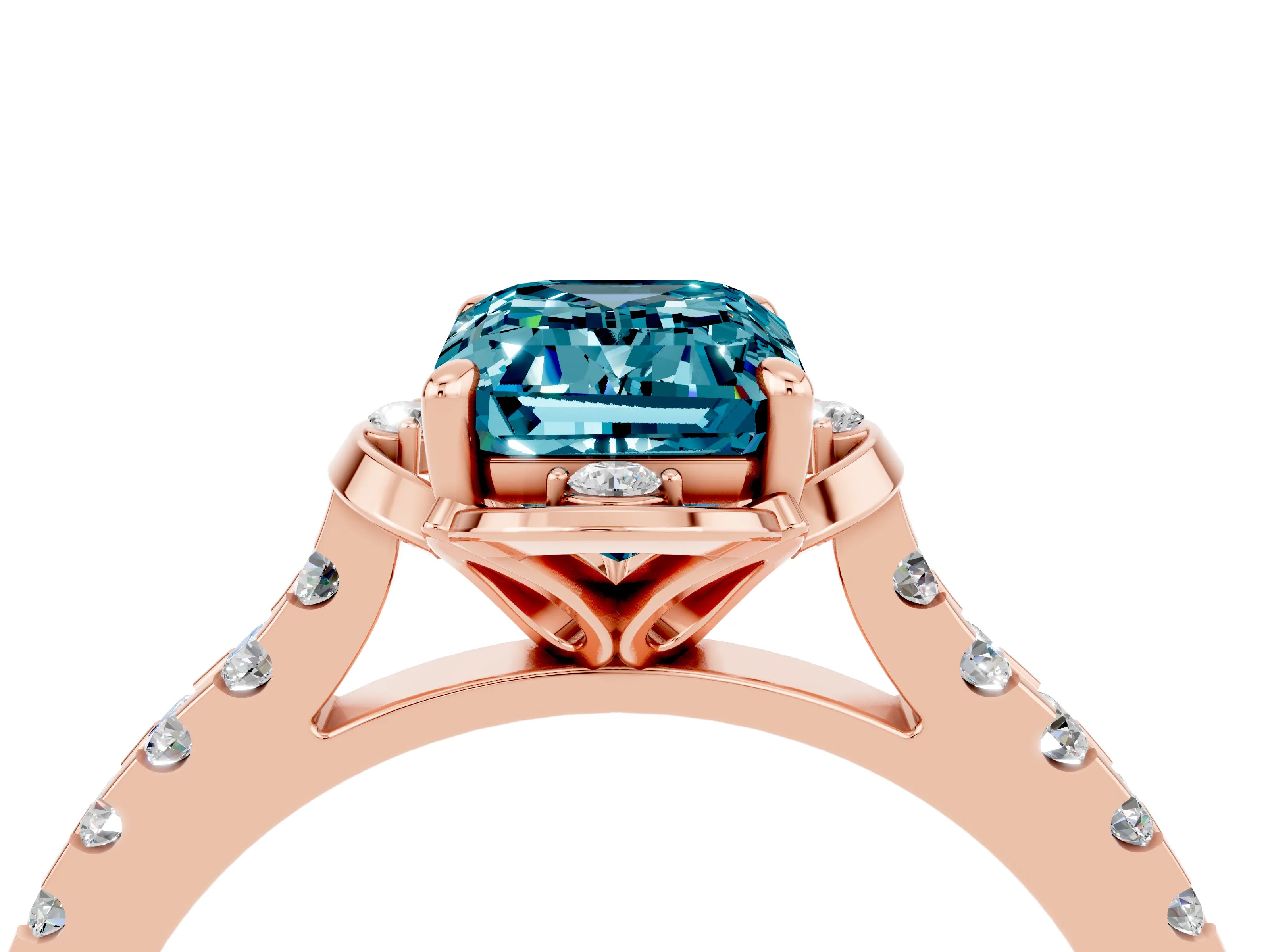 Rose gold Emerald Cut Blue Topaz Ring with Pavé Band and Floral Prong Setting_4