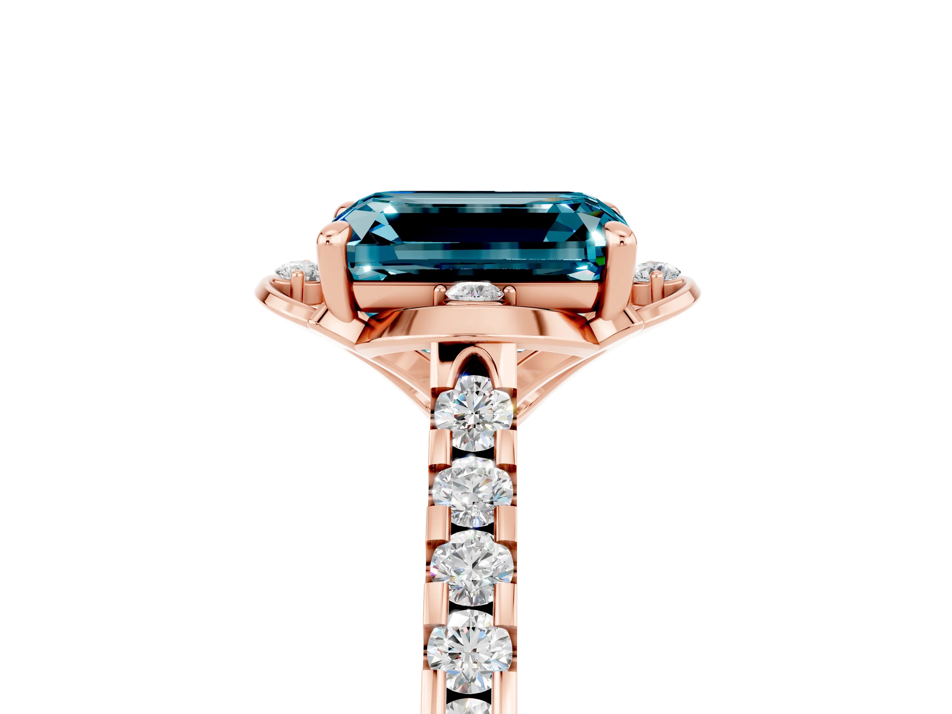 Rose gold Emerald Cut Blue Topaz Ring with Pavé Band and Floral Prong Setting_5