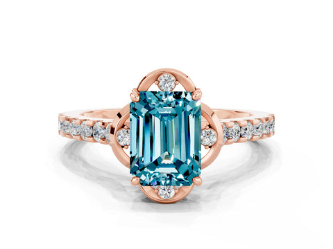 Rose gold Emerald Cut Blue Topaz Ring with Pavé Band and Floral Prong Setting