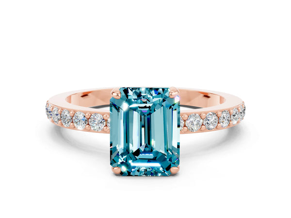 Rose gold Emerald Cut Blue Topaz Pavé Engagement Ring with Round  Accents and Prong Setting