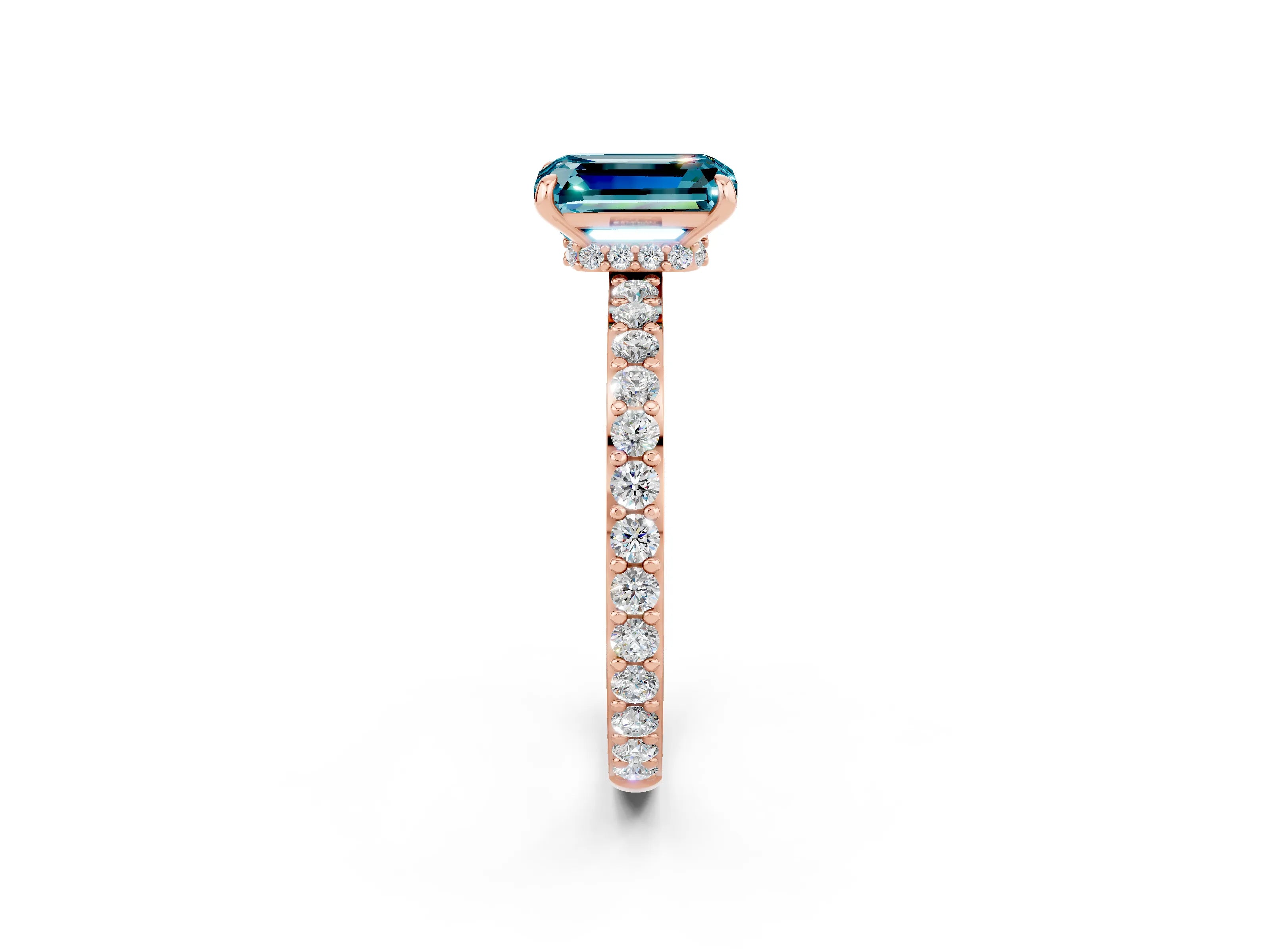Rose gold Emerald Cut Blue Topaz Ring with Pavé Band and Four-Prong Setting_2