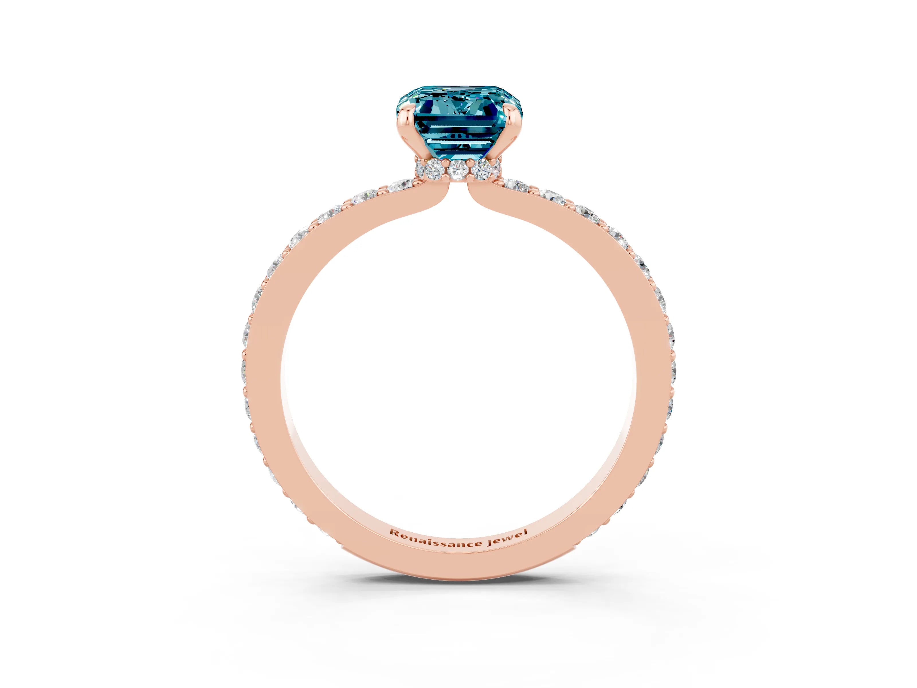 Rose gold Emerald Cut Blue Topaz Ring with Pavé Band and Four-Prong Setting_3