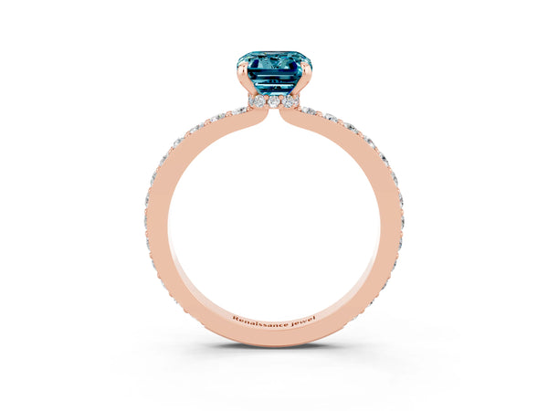 Rose gold Emerald Cut Blue Topaz Pavé Engagement Ring with Round  Accents and Prong Setting