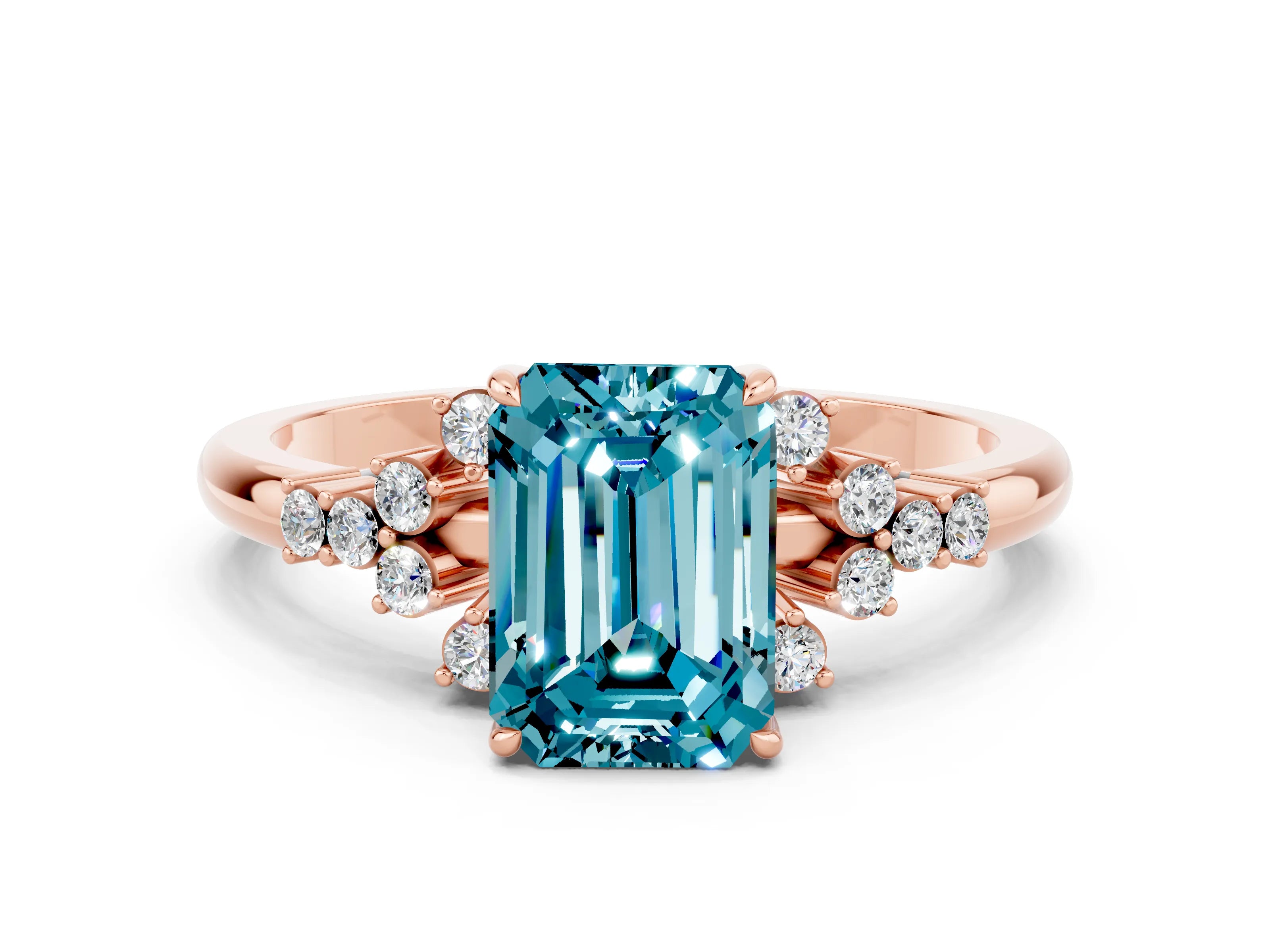Rose gold Emerald Cut Blue Topaz Ring with Side Stones and Four-Prong Setting_36