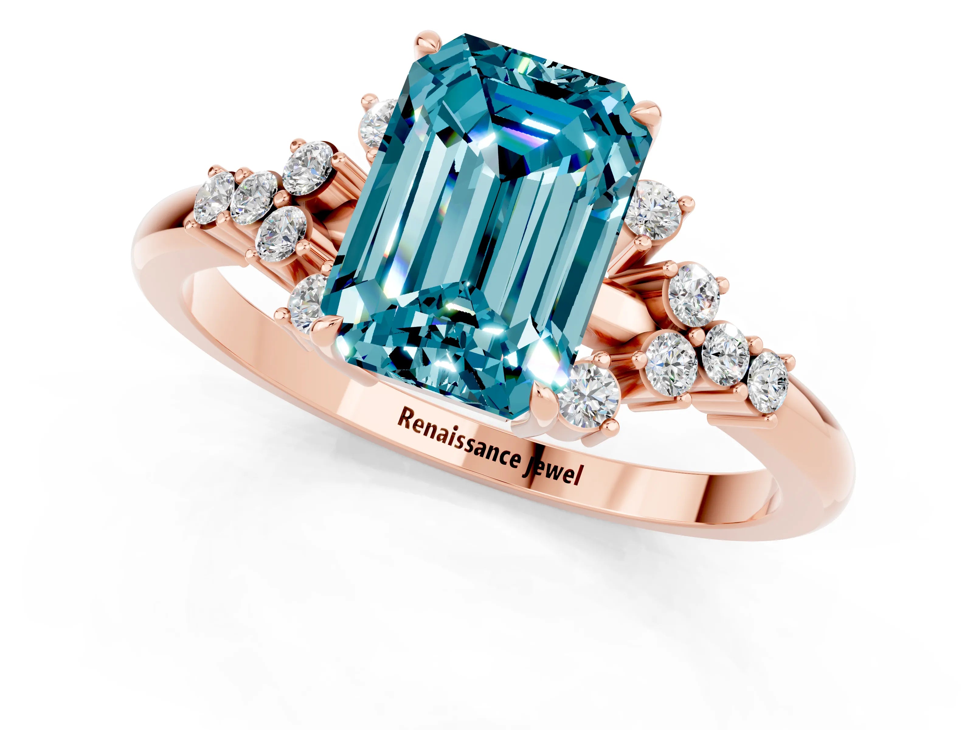 Rose gold Emerald Cut Blue Topaz Ring with Side Stones and Four-Prong Setting_37