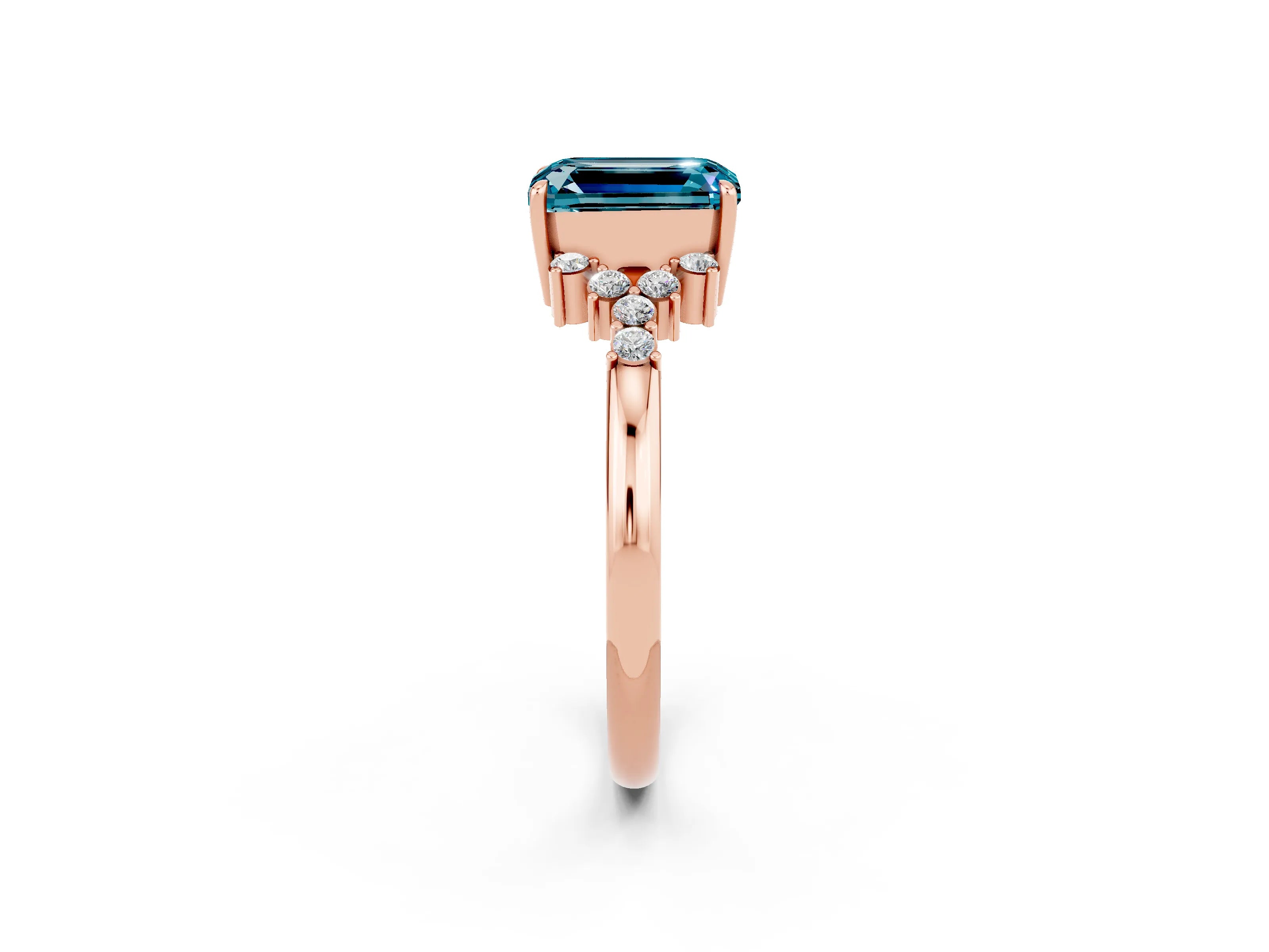 Rose gold Emerald Cut Blue Topaz Ring with Side Stones and Four-Prong Setting_38