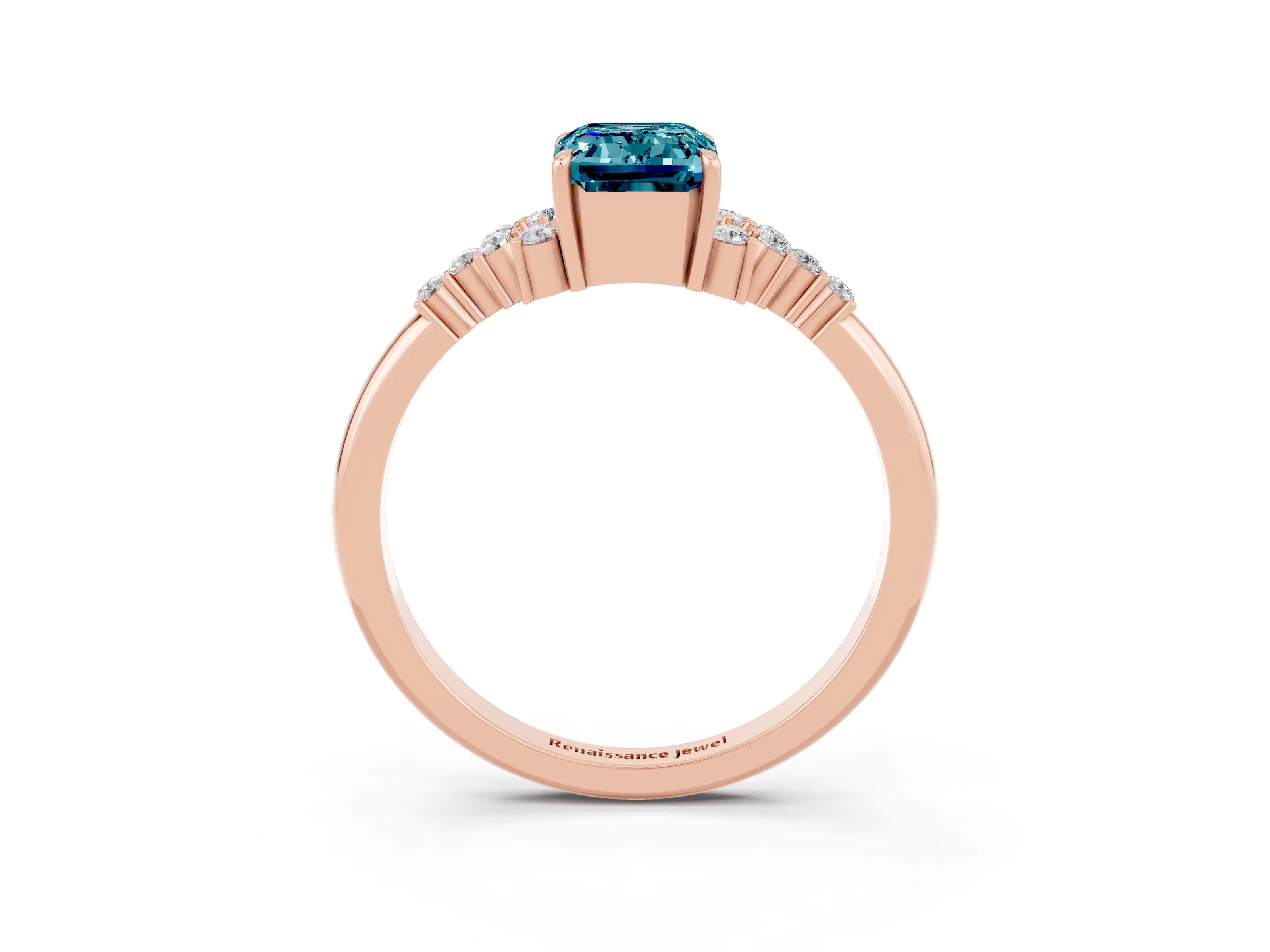 Rose gold Emerald Cut Blue Topaz Ring with Side Stones and Four-Prong Setting_39
