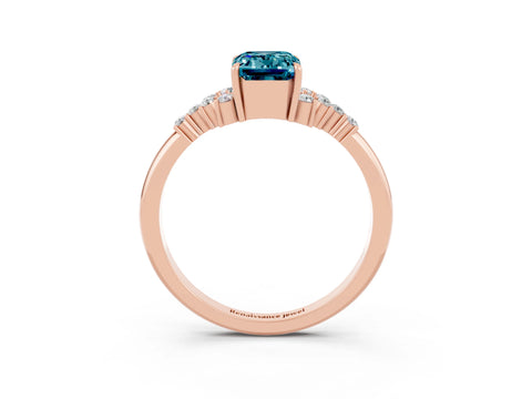 Rose gold Emerald Cut Blue Topaz Ring with Side Stones and Four-Prong Setting_39