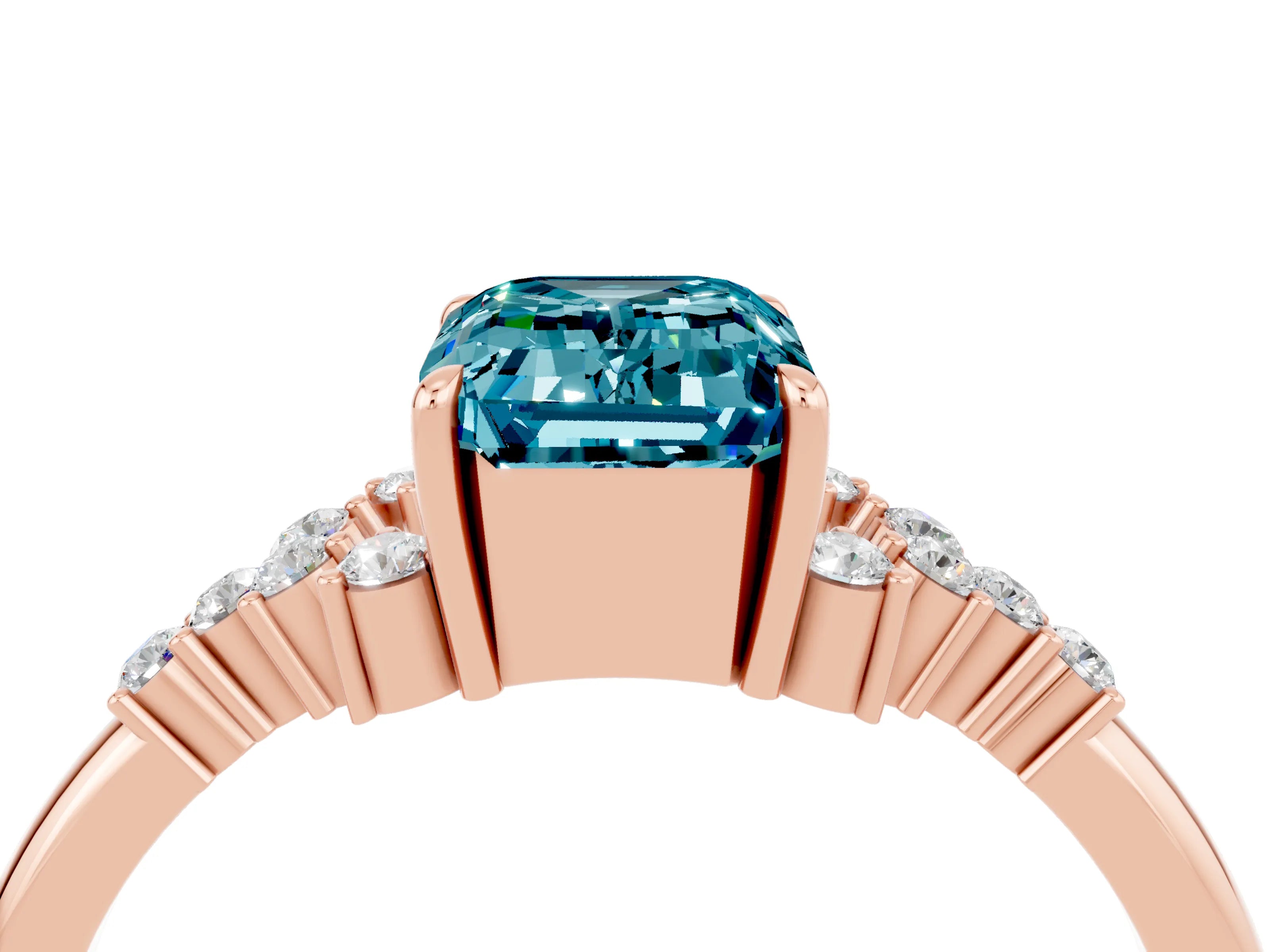 Rose gold Emerald Cut Blue Topaz Ring with Side Stones and Four-Prong Setting_40