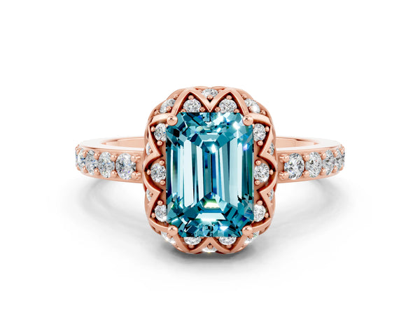 Rose gold Emerald Cut Blue Topaz Scalloped Halo Engagement Ring with Round Shared Prong Band