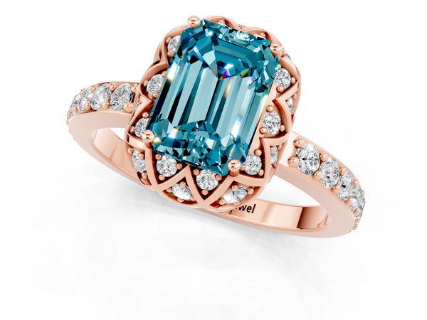 Rose gold Emerald Cut Blue Topaz Scalloped Halo Engagement Ring with Round Shared Prong Band