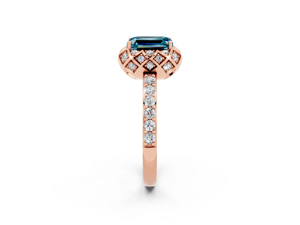 Rose gold Emerald Cut Blue Topaz Scalloped Halo Engagement Ring with Round Shared Prong Band