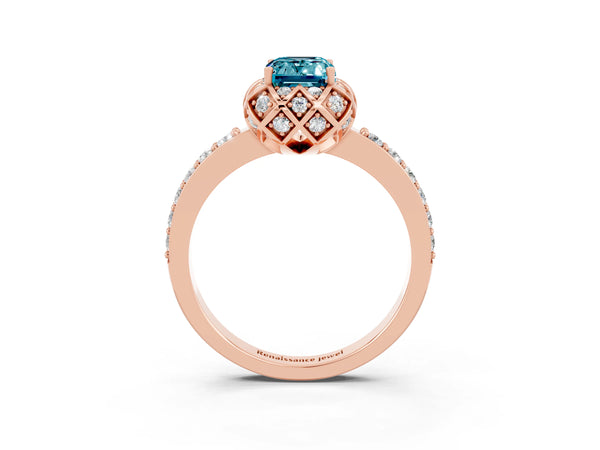 Rose gold Emerald Cut Blue Topaz Scalloped Halo Engagement Ring with Round Shared Prong Band