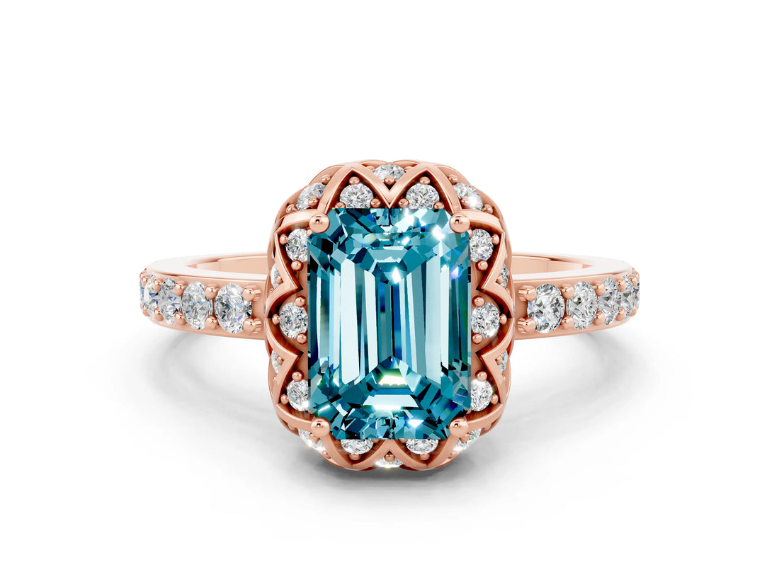 Rose gold Emerald Cut Blue Topaz Scalloped Halo Engagement Ring with Round Shared Prong Band_24