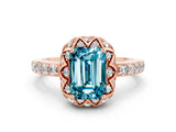 Rose gold Emerald Cut Blue Topaz Scalloped Halo Engagement Ring with Round Shared Prong Band_24
