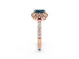 Rose gold Emerald Cut Blue Topaz Scalloped Halo Engagement Ring with Round Shared Prong Band_26