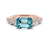 Rose gold Emerald Cut Blue Topaz Scattered Round Accent Ring with Prong Setting_12