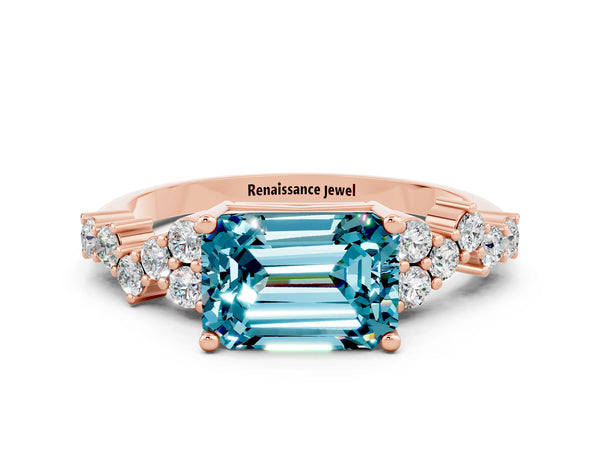 Rose gold Emerald Cut Blue Topaz Scattered Round Accent Ring with Prong Setting