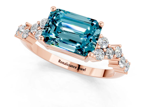 Rose gold Emerald Cut Blue Topaz Scattered Round Accent Ring with Prong Setting