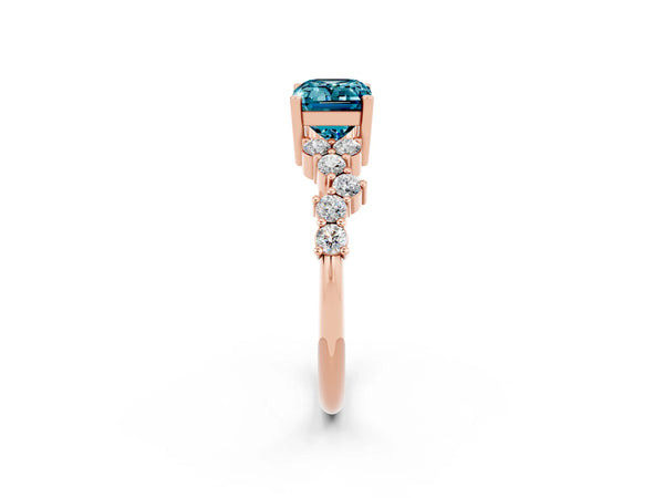 Rose gold Emerald Cut Blue Topaz Scattered Round Accent Ring with Prong Setting