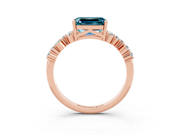Rose gold Emerald Cut Blue Topaz Scattered Round Accent Ring with Prong Setting