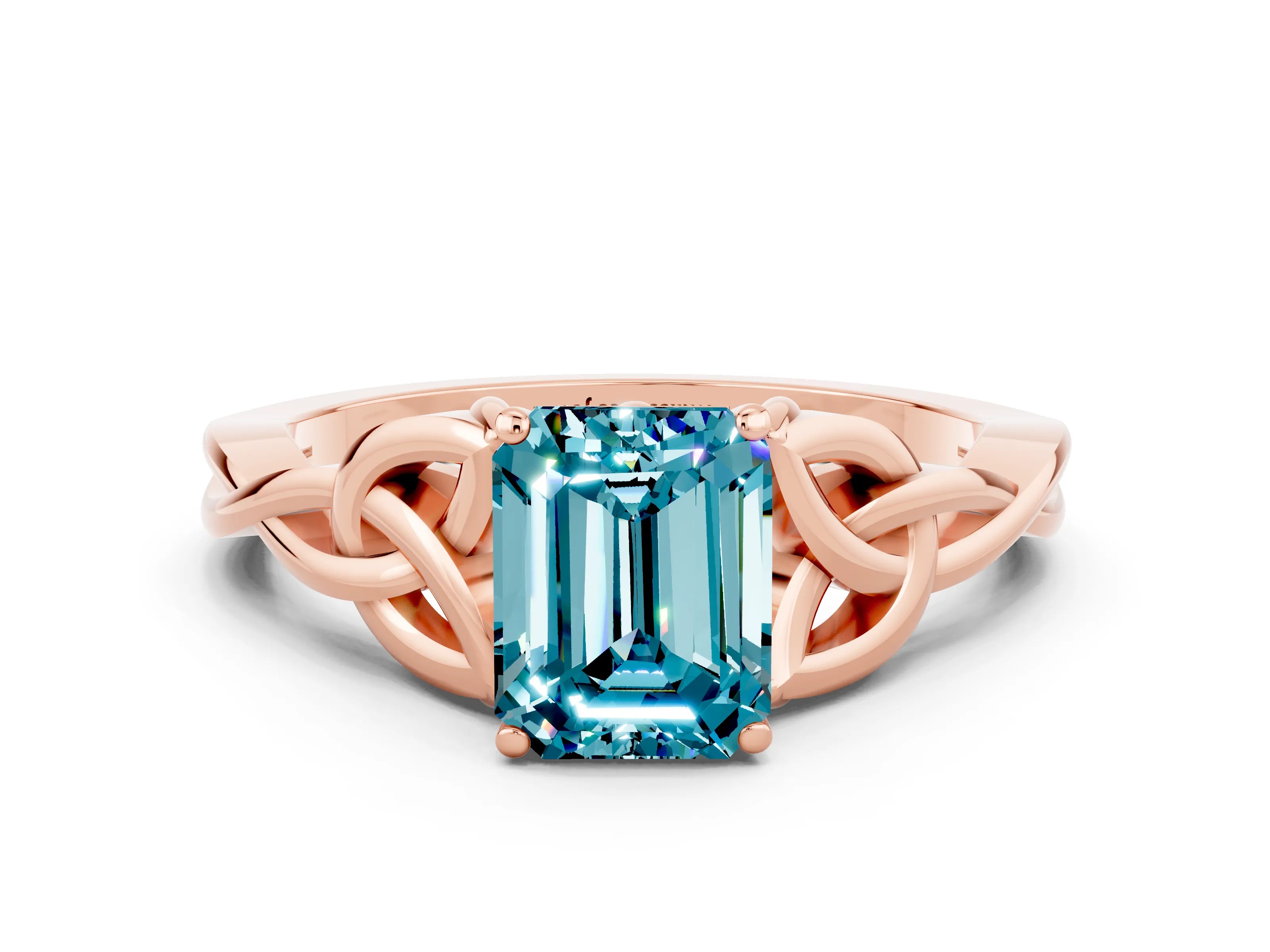 Rose gold Emerald Cut Blue Topaz Solitaire Celtic Knot Ring with Four-Prong Setting_12