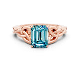 Rose gold Emerald Cut Blue Topaz Solitaire Celtic Knot Ring with Four-Prong Setting_12