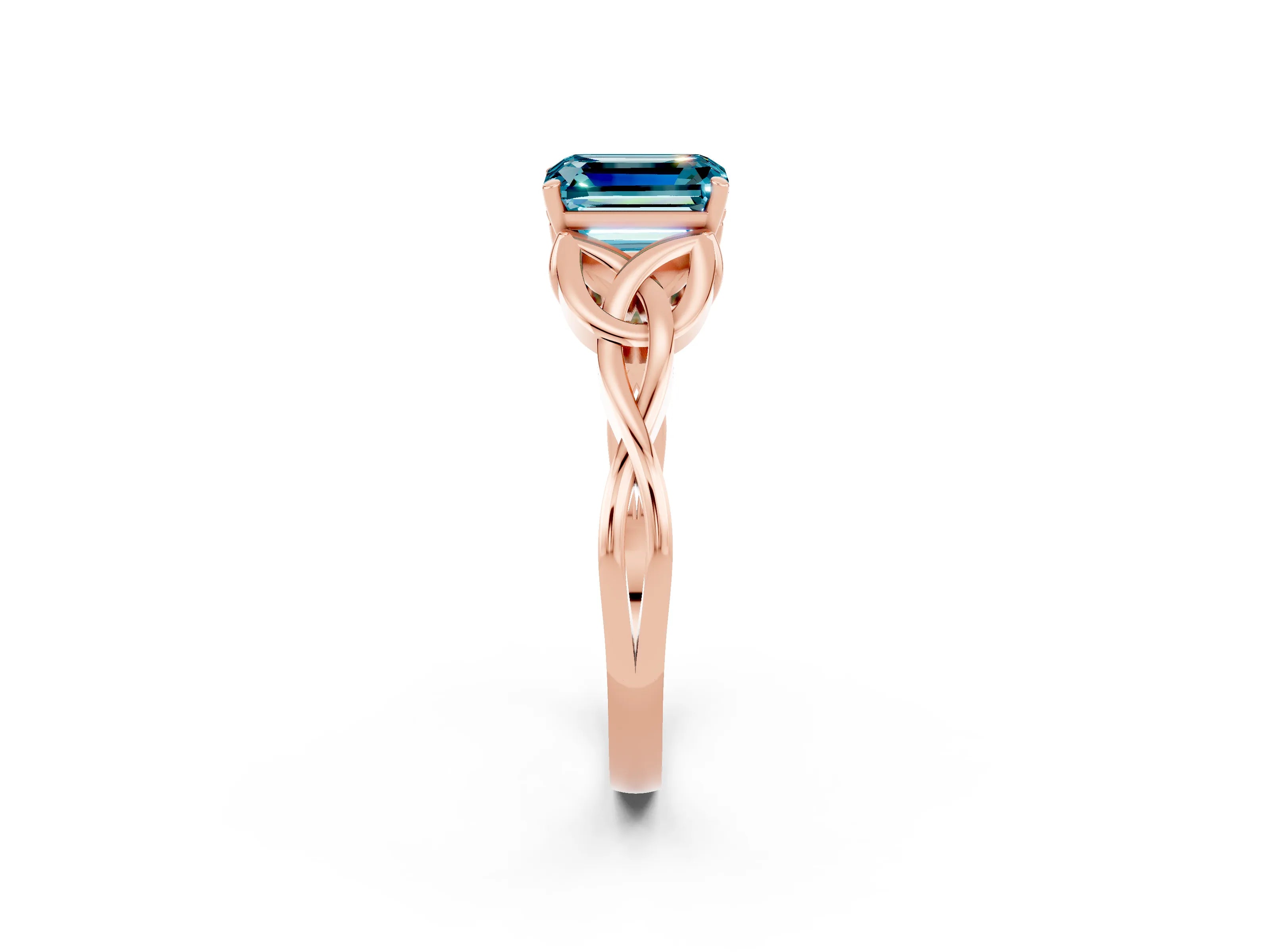 Rose gold Emerald Cut Blue Topaz Solitaire Celtic Knot Ring with Four-Prong Setting_14