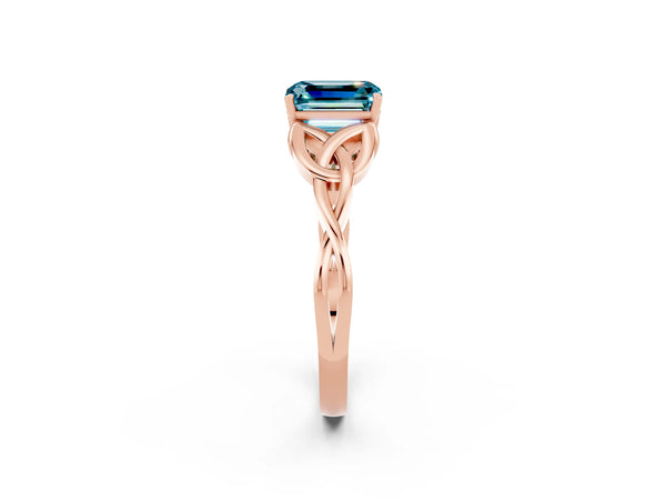 Rose gold Emerald Cut Blue Topaz Solitaire Celtic Knot Ring with Four-Prong Setting