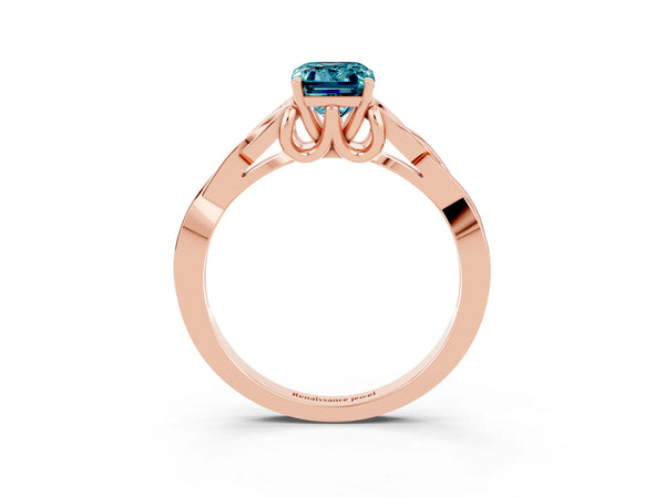 Rose gold Emerald Cut Blue Topaz Solitaire Celtic Knot Ring with Four-Prong Setting