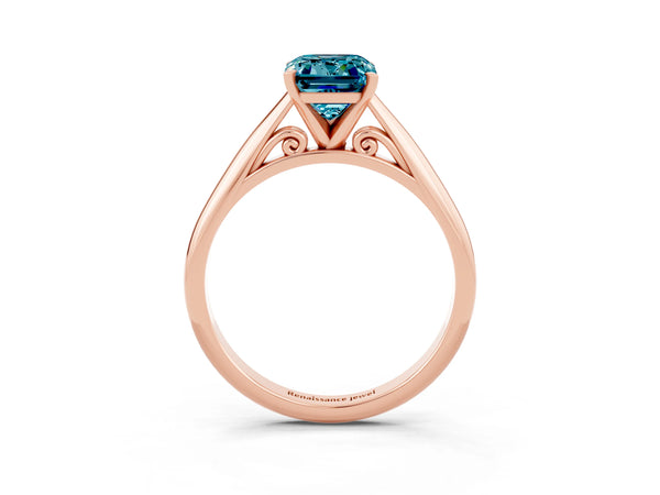 Rose gold Emerald Cut Blue Topaz Solitaire Engagement Ring with Cathedral Setting and Four-Prong Mount