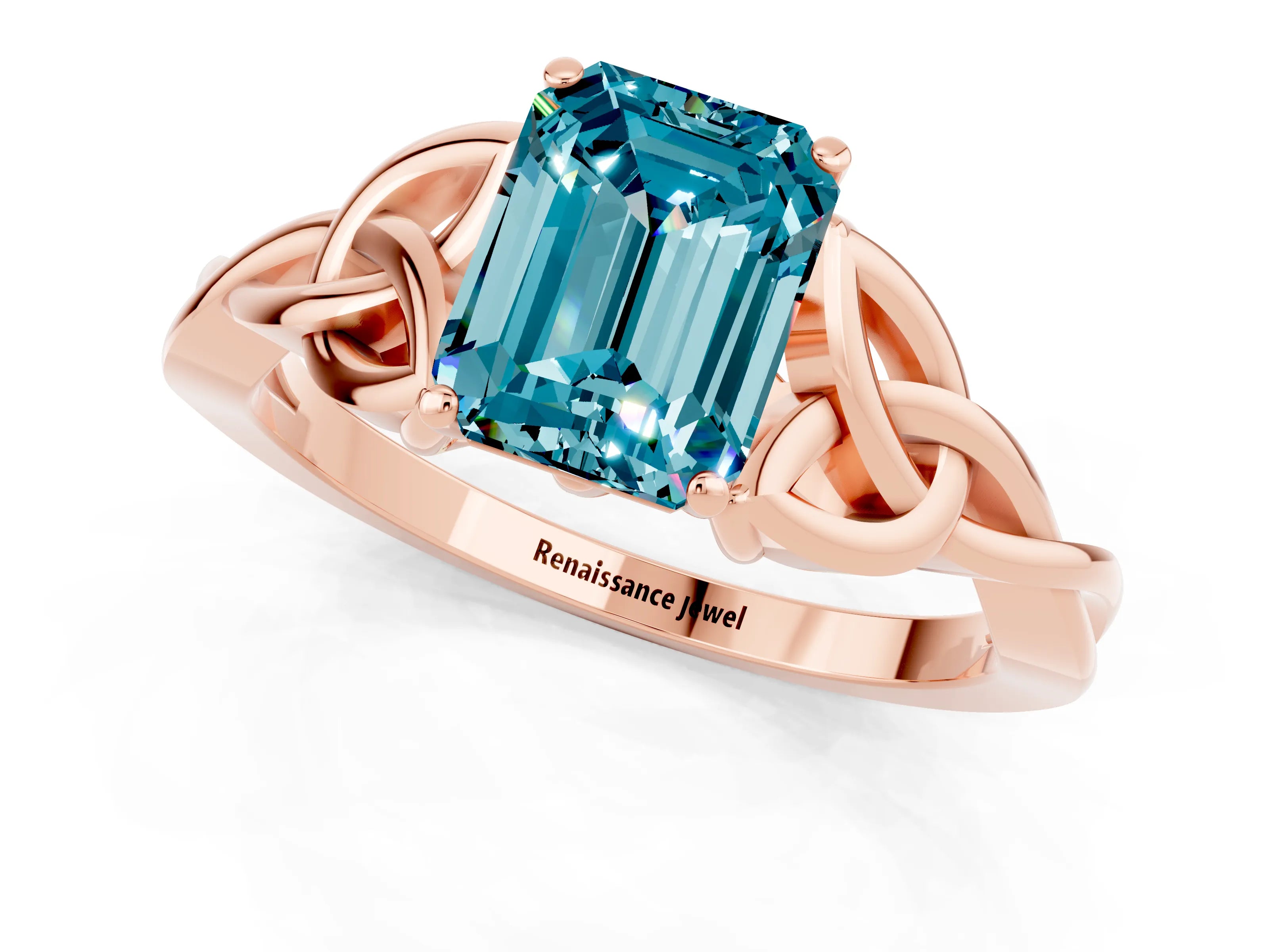 Rose gold Emerald Cut Blue Topaz Solitaire Engagement Ring with Celtic Knot Band and Four-Prong Setting_1