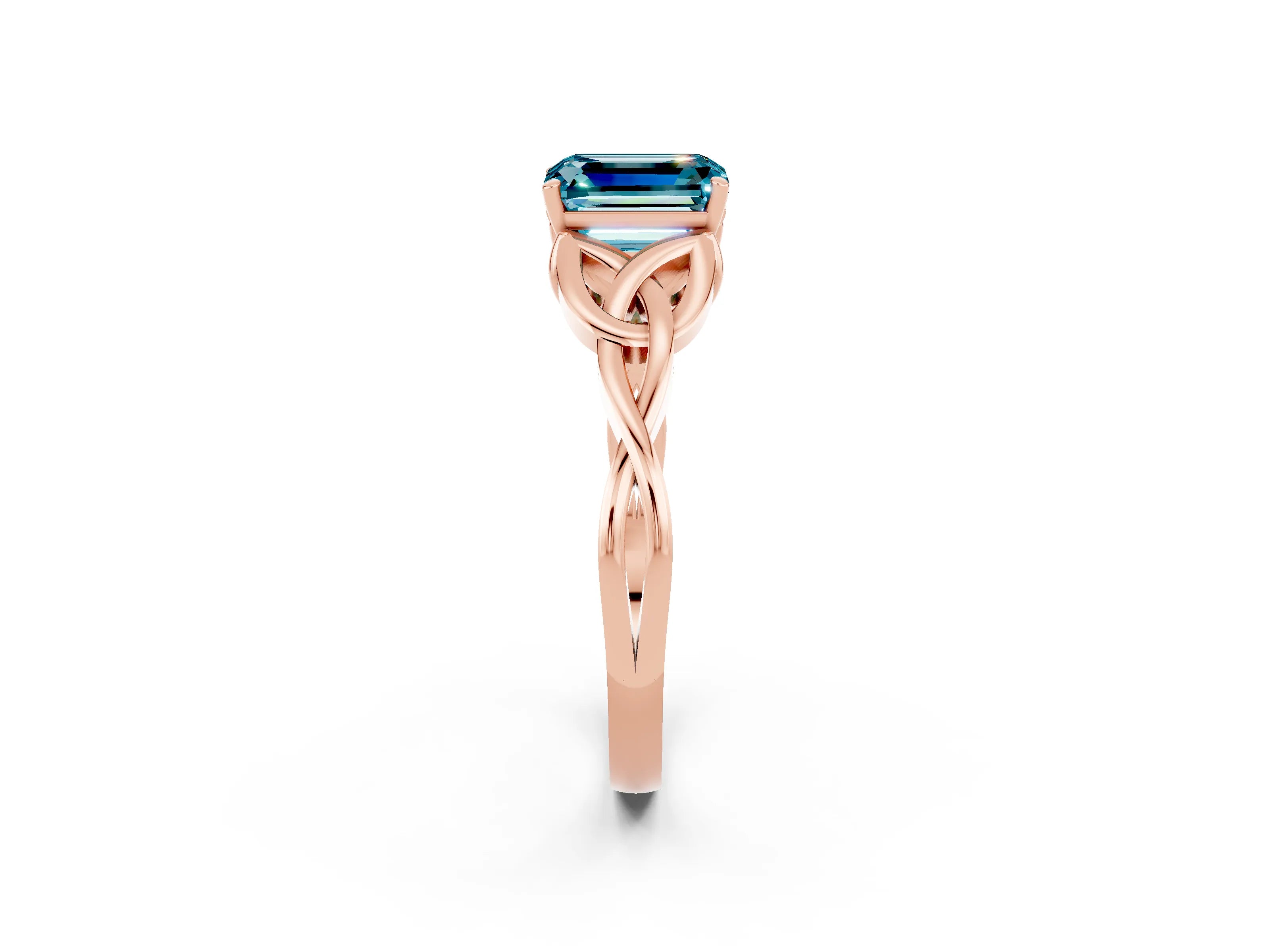 Rose gold Emerald Cut Blue Topaz Solitaire Engagement Ring with Celtic Knot Band and Four-Prong Setting_2