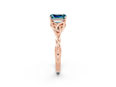 Rose gold Emerald Cut Blue Topaz Solitaire Engagement Ring with Celtic Knot Band and Four-Prong Setting_2