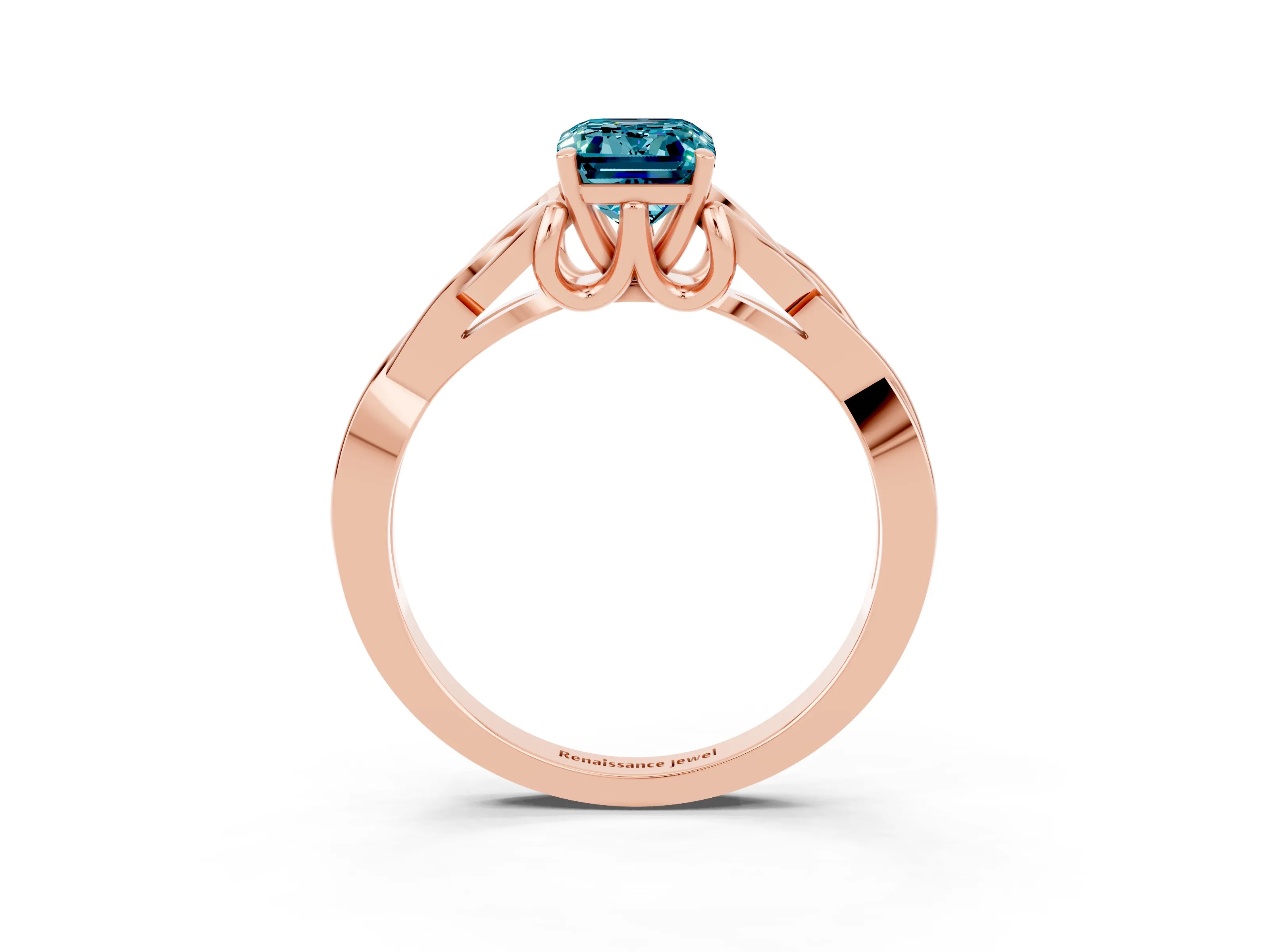 Rose gold Emerald Cut Blue Topaz Solitaire Engagement Ring with Celtic Knot Band and Four-Prong Setting_3