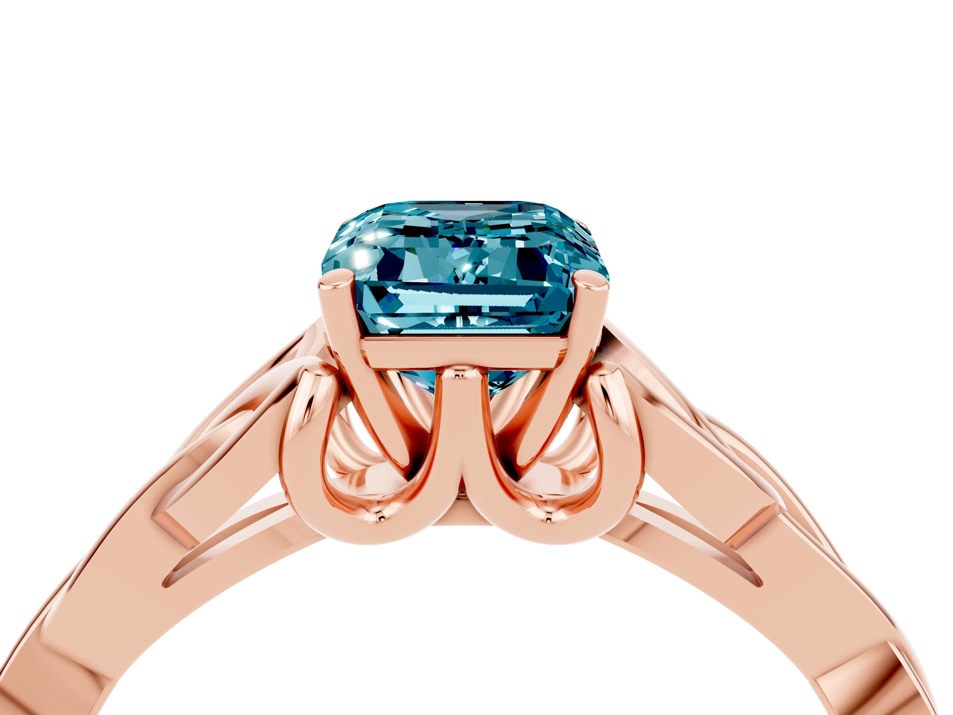 Rose gold Emerald Cut Blue Topaz Solitaire Engagement Ring with Celtic Knot Band and Four-Prong Setting_4
