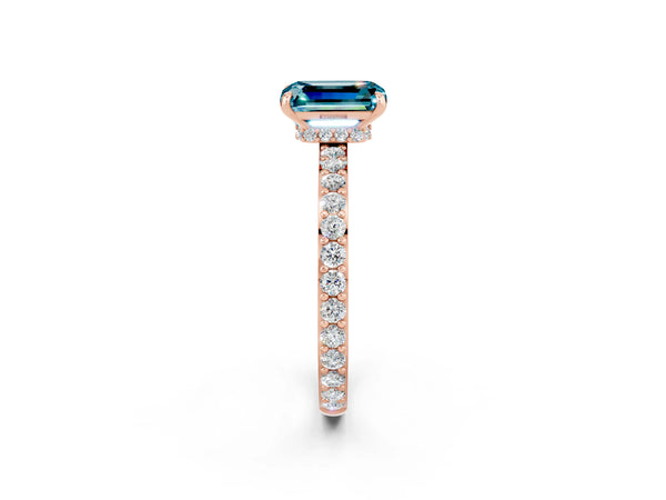 Rose gold Emerald Cut Blue Topaz Solitaire Engagement Ring with Pavé Band and Four-Prong Setting