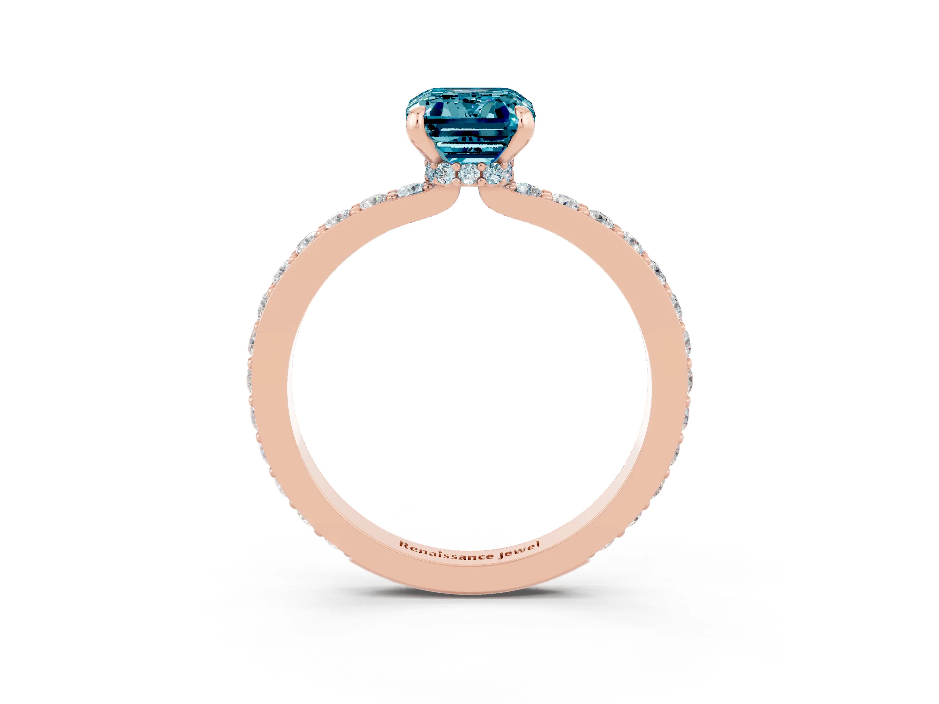 Rose gold Emerald Cut Blue Topaz Solitaire Engagement Ring with Pavé Band and Four-Prong Setting_3